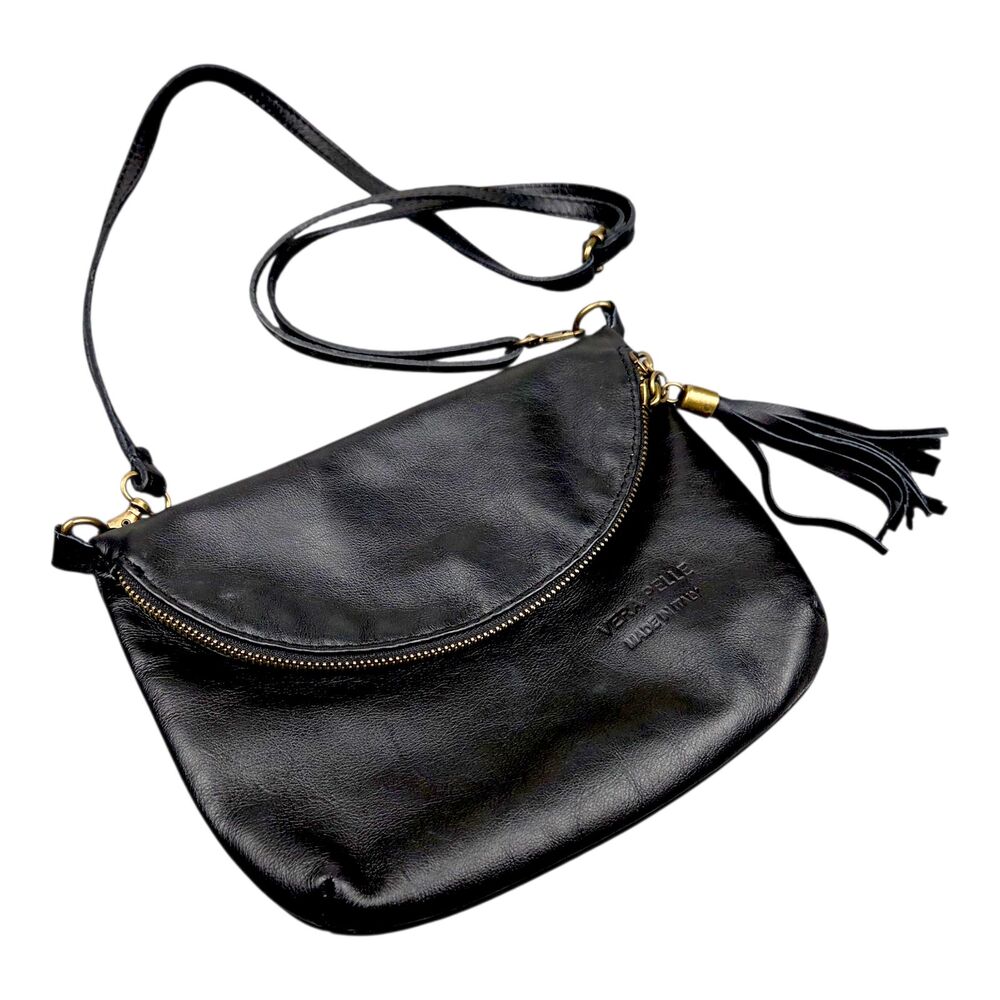 Vera Pelle Italy Crossbody Sling Bag Black Soft Leather Tassel Zipper Womens